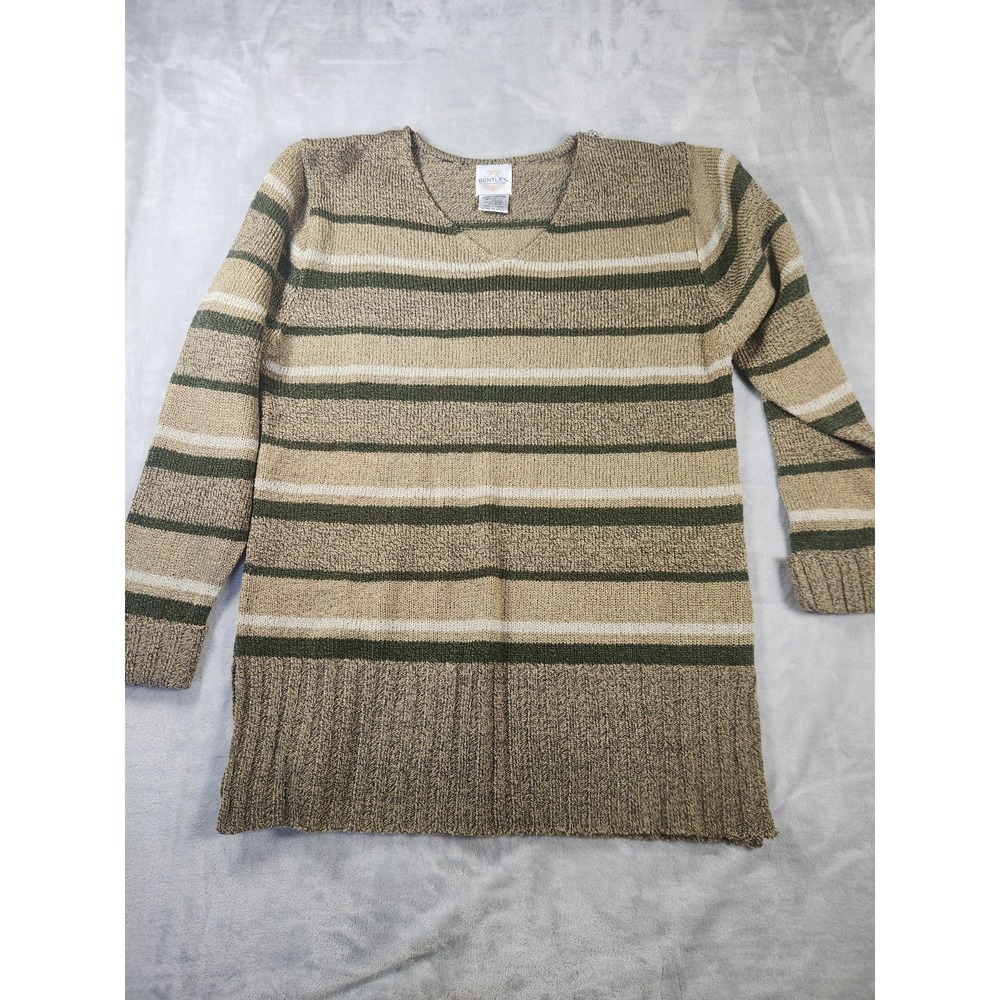 TR Bentley Women Sweater‎ Medium Beige Striped V neck Knit